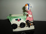 Little Girl Pushing Baby Carriage & Dog Figurine Planter Vintage Made in Japan