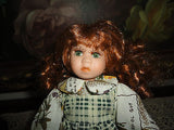 Little Porcelain Doll & Painted Bunny ADORABLE ! 8 inch Green Eyes Long Red Hair