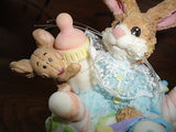 Baby Bunny Rabbit and Mouse in Diaper Bag Porcelain Figurine Hand painted