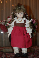 Vintage Porcelain Doll Red Dress Golden Colored Necklace 41 CM