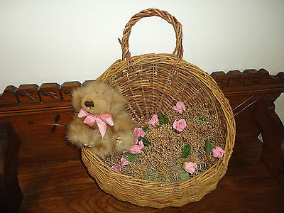 Vintage Hanging Wicker Basket Door Ornament with Furry Bear Pink Roses Handmade