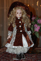 Germany Porcelain Doll Copper Brown Velvet Dress 40 CM