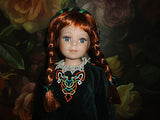 CELTIC Ireland Porcelain DOLL Redhead Velvet Satin Costume Dress 17in. Stand