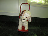 Antique Silk Plush Stuffed Terrier Dog on Wheels Metal Push Toy 18 inch