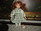 Little Porcelain Doll & Painted Bunny ADORABLE ! 8 inch Green Eyes Long Red Hair