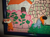 Handmade Folk Art SIERRA 12 Fabric Dolls Village Framed OOAK 19x18 Original 1987