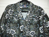 Mens Short Sleeve Hawaiian Flowered Blue Grey Shirt L Shiny Soft Polyester New