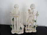 Distressed Painted Boy and Girl Statues Set RARE Wood & Metal 8 inch
