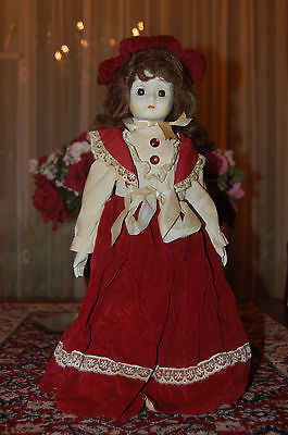 Vintage Germany Vtg Porcelain Doll Red Velvet Dress Bonnet 41 CM Jadees Antique Bear Shoppe