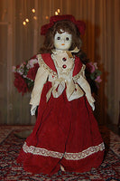 Vintage Germany Vtg Porcelain Doll Red Velvet Dress & Bonnet 41 CM