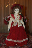 Vintage Germany Vtg Porcelain Doll Red Velvet Dress & Bonnet 41 CM