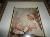 Artwork Victorian Little Girl with Bird in Blossom Tree Print Framed