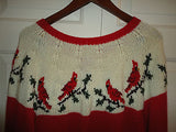 Womans Hand Knitted Sweater Red Cardinal Birds Adornment Size XL One of a Kind