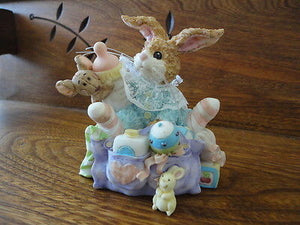 Baby Bunny Rabbit and Mouse in Diaper Bag Porcelain Figurine Hand painted