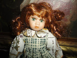 Little Porcelain Doll & Painted Bunny ADORABLE ! 8 inch Green Eyes Long Red Hair