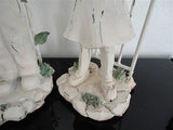 Distressed Painted Boy and Girl Statues Set RARE Wood & Metal 8 inch