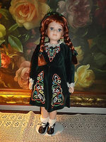 CELTIC Ireland Porcelain DOLL Redhead Velvet Satin Costume Dress 17in. Stand