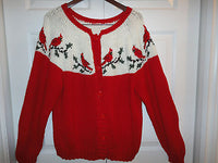Womans Hand Knitted Sweater Red Cardinal Birds Adornment Size XL One of a Kind
