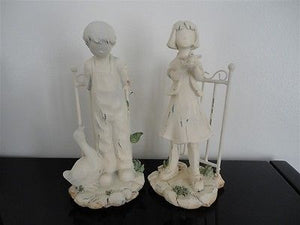 Distressed Painted Boy and Girl Statues Set RARE Wood & Metal 8 inch