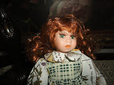 Little Porcelain Doll & Painted Bunny ADORABLE ! 8 inch Green Eyes Long Red Hair