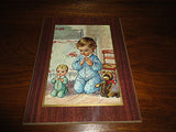 Vintage Art on Wood Little Boy Praying with Doll & Teddy Bear 9 x 7 inch