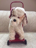 Antique Silk Plush Stuffed Terrier Dog on Wheels Metal Push Toy 18 inch