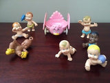 Arco LJN Babies Rubber Baby Dolls Lot of 7 with Bird Riding Toy 1980's