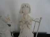 Distressed Painted Boy and Girl Statues Set RARE Wood & Metal 8 inch