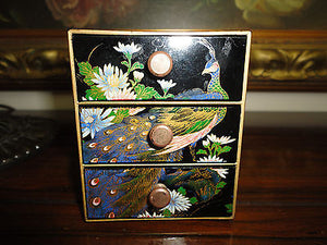 Made in Japan Vintage Black Lacquer Style Peacock 3 Drawer Chest Hand Painted