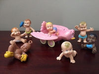 Arco LJN Babies Rubber Baby Dolls Lot of 7 with Bird Riding Toy 1980's