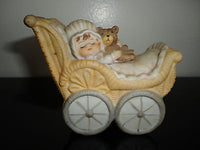 Vintage Porcelain Victorian Baby with Bear in Carriage Hand Painted Figurine