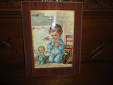 Vintage Art on Wood Little Boy Praying with Doll & Teddy Bear 9 x 7 inch