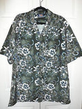 Mens Short Sleeve Hawaiian Flowered Blue Grey Shirt L Shiny Soft Polyester New