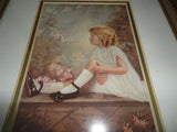 Artwork Victorian Little Girl with Bird in Blossom Tree Print Framed