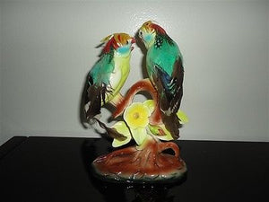 Vintage Japan Porcelain Feather Budgerigar Parakeets Birds Figurine RARE 7 inch