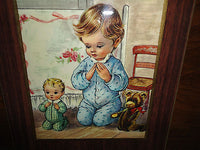 Vintage Art on Wood Little Boy Praying with Doll & Teddy Bear 9 x 7 inch