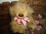 Vintage Hanging Wicker Basket Door Ornament with Furry Bear Pink Roses Handmade