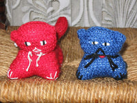 Vintage Lot of 2 Hand Knitted Woolen Cats Red and Blue Europe Made