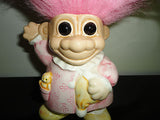 Russ Berrie Porcelain TROLL BANK Little Girl Pink Hair with Bear NEW Condition