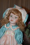 Italy Porcelain Doll Le Damine Green Salmon Silk Dress 41 CM NEW in Box