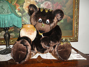 Artist Designed JUMBO Brown BEAR with BEES & HONEY POT Rare OOAK Faux Mink 16"