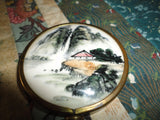 Antique Chinese Brass Hand Held Mirror Handpainted Porcelain Landscape 5 inch