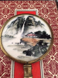 Antique Chinese Brass Hand Held Mirror Handpainted Porcelain Landscape 5 inch