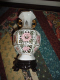 Antique VTG Chinese Porcelain Floral Vase Carved Cut Outs Painted Gold Trimmed