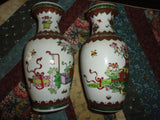 Antique Chinese 2 Oriental Porcelain Vase Set Hand Painted Gold Trimmed 6.5 inch