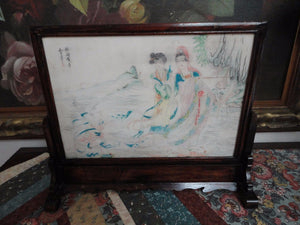 Antique Chinese Artist Hand Painted Marble in Rosewood Framed Stand 12x14 inch