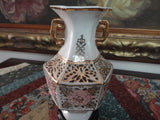 Antique VTG Chinese Porcelain Floral Vase Carved Cut Outs Painted Gold Trimmed