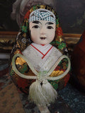 Japanese Wedding Dolls Bride Groom Set Kimono Brocade Glass Eyes Hand Painted 7"
