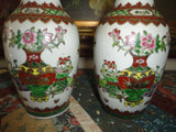 Antique Chinese 2 Oriental Porcelain Vase Set Hand Painted Gold Trimmed 6.5 inch