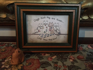 1996 TCR Artist Wood Framed Cat Picture with Handmade Clay Cat Figurine